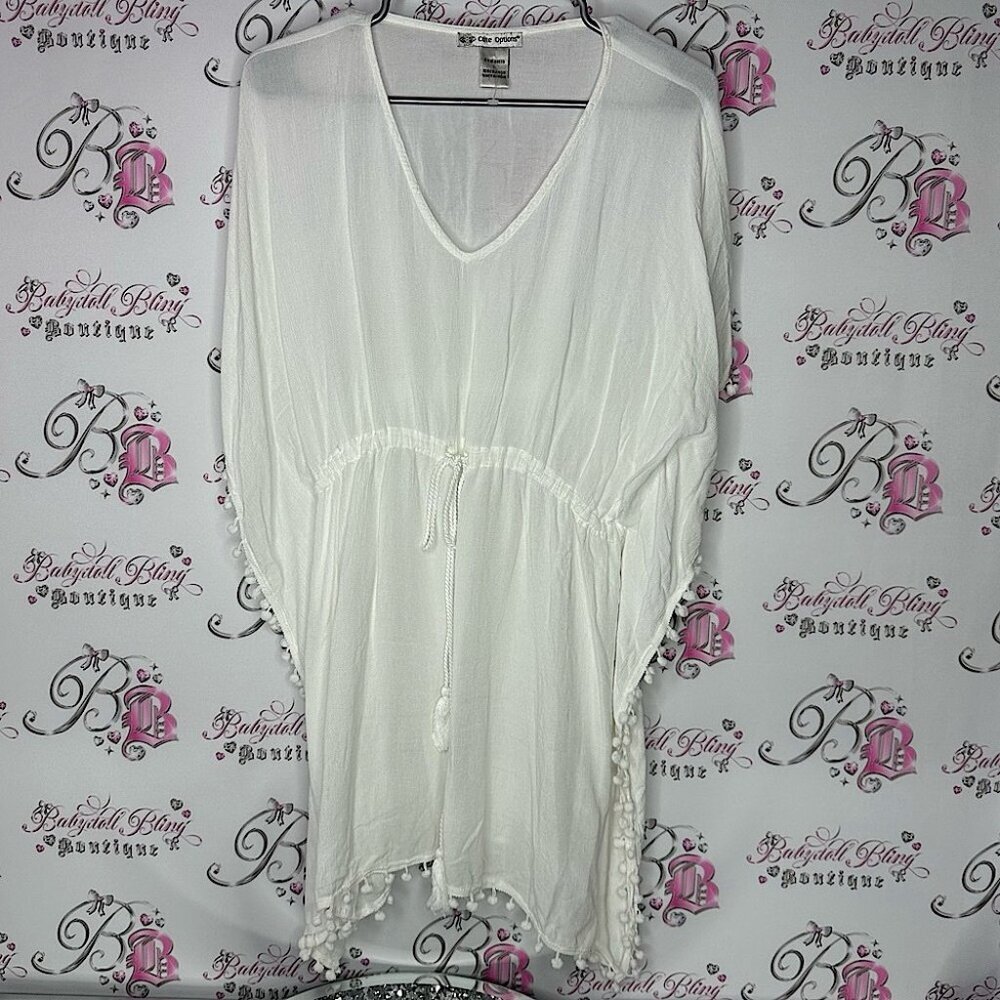Cute options dress tassle Pom Pom coverup white beach tie up belted coverup